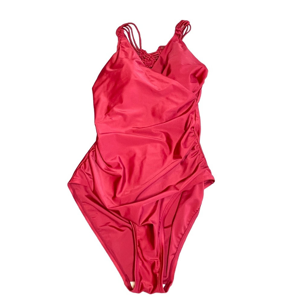 Merona Womens One Pc  Red Bathing Swimsuit Crochet Straps Wrap Ruched Size L